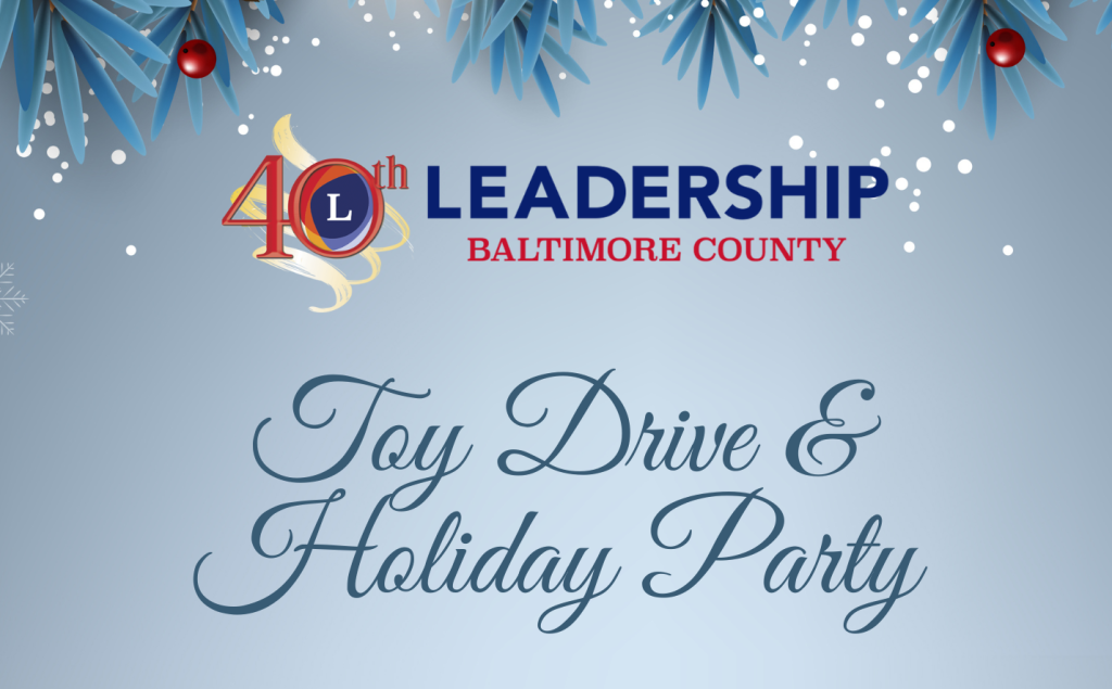evergreens with sparkling lights. LBC logo. Holiday Party & Toy Drive.