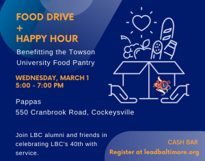 Happy Hour and Food Drive. Benefitting the Towson University Food Pantry. Pappas Cockeysville. March 1, 5-7pm.