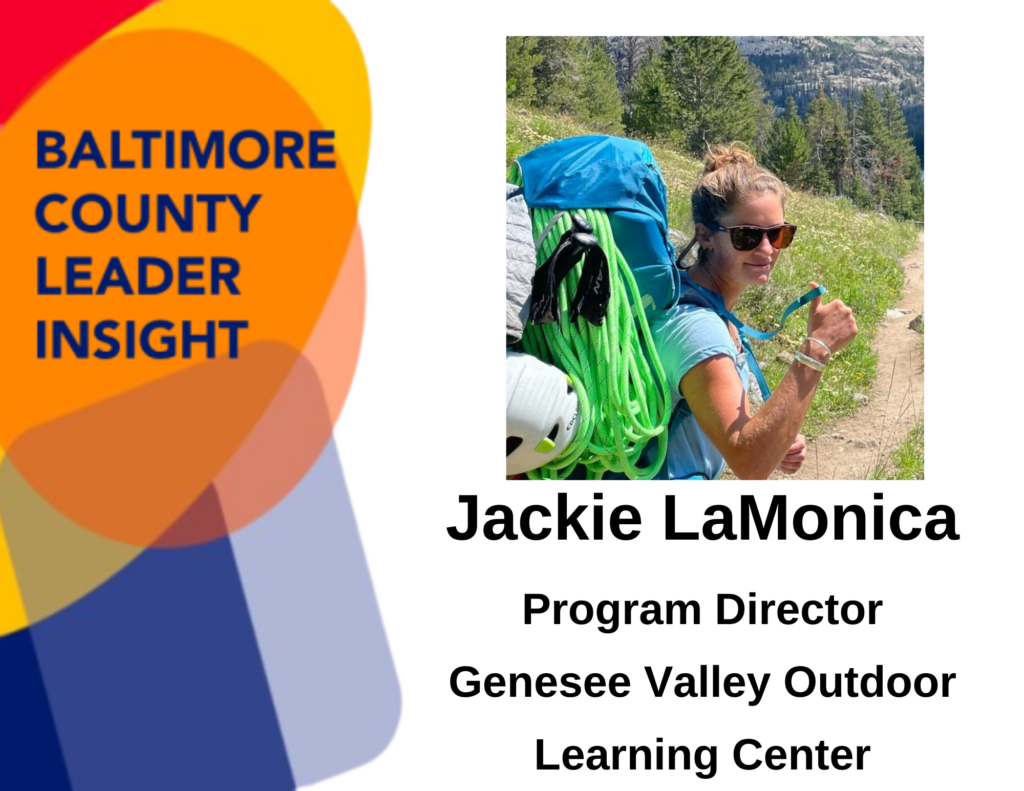 LBC image with photo of Jackie backpacking with climbing gear. Jackie LaMonica. Program Director, Genesee Valley Outdoor Learning Center